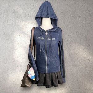 Bebe Rhinestone Logo Zip Hoodie Women’s Small Dark Blue Y2K 2000 Retro Lace Trim